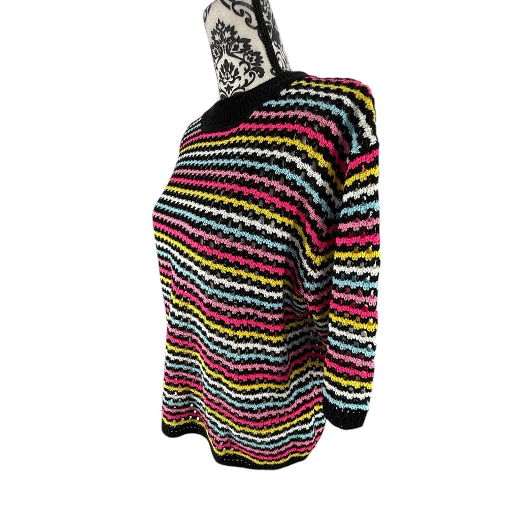 Vintage-Inspired Rainbow Crochet Knit Striped Sweater Boho Indie Color Pop Knit - Picture 8 of 15